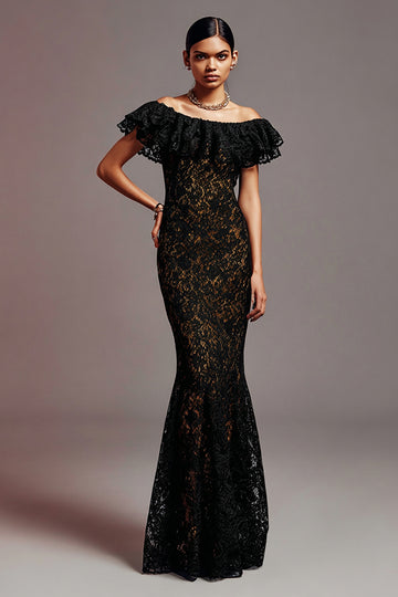 Delicate Mermaid Lace Off The Shoulder Black Formal Dress